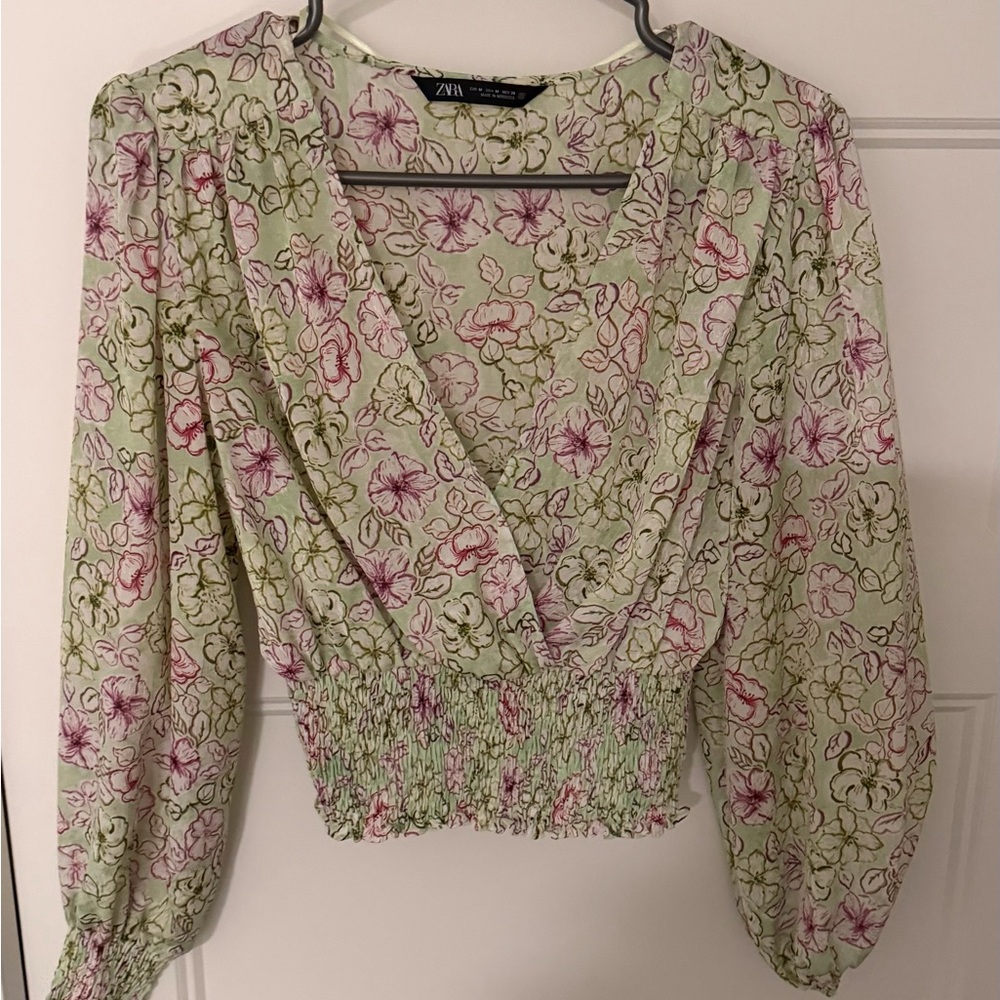 Zara Floral Blouse - Light Green and Pink
